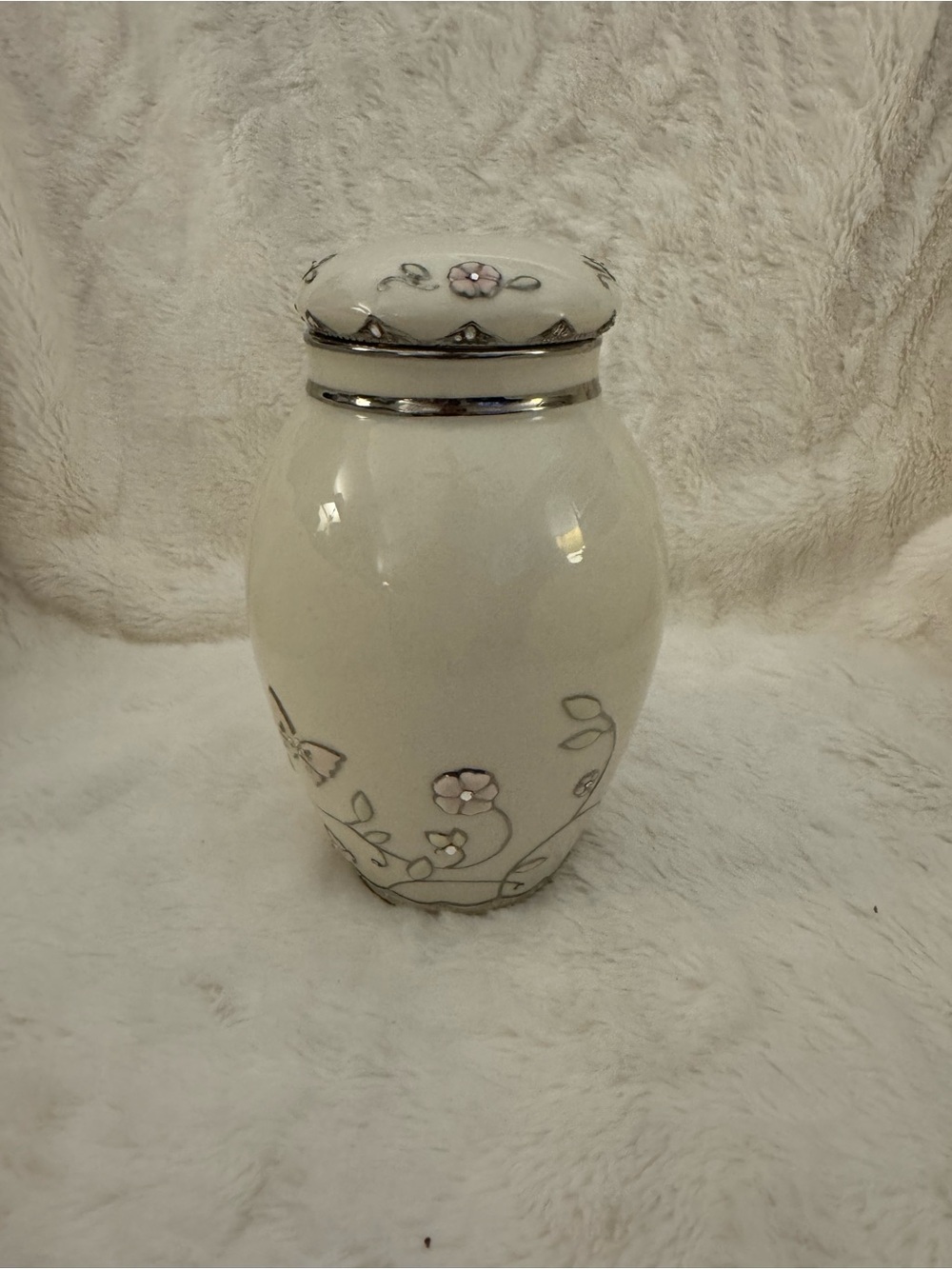Hand-Painted Ceramic Jar in Cream with Pink Floral Accents
